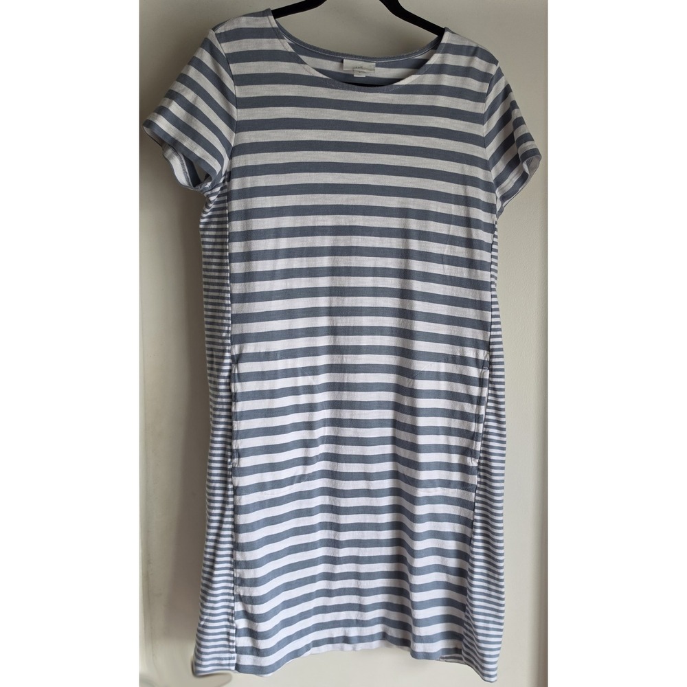J.Jill Shift Dress Women S Striped Grey White Short Sleeve Round Neck Midi